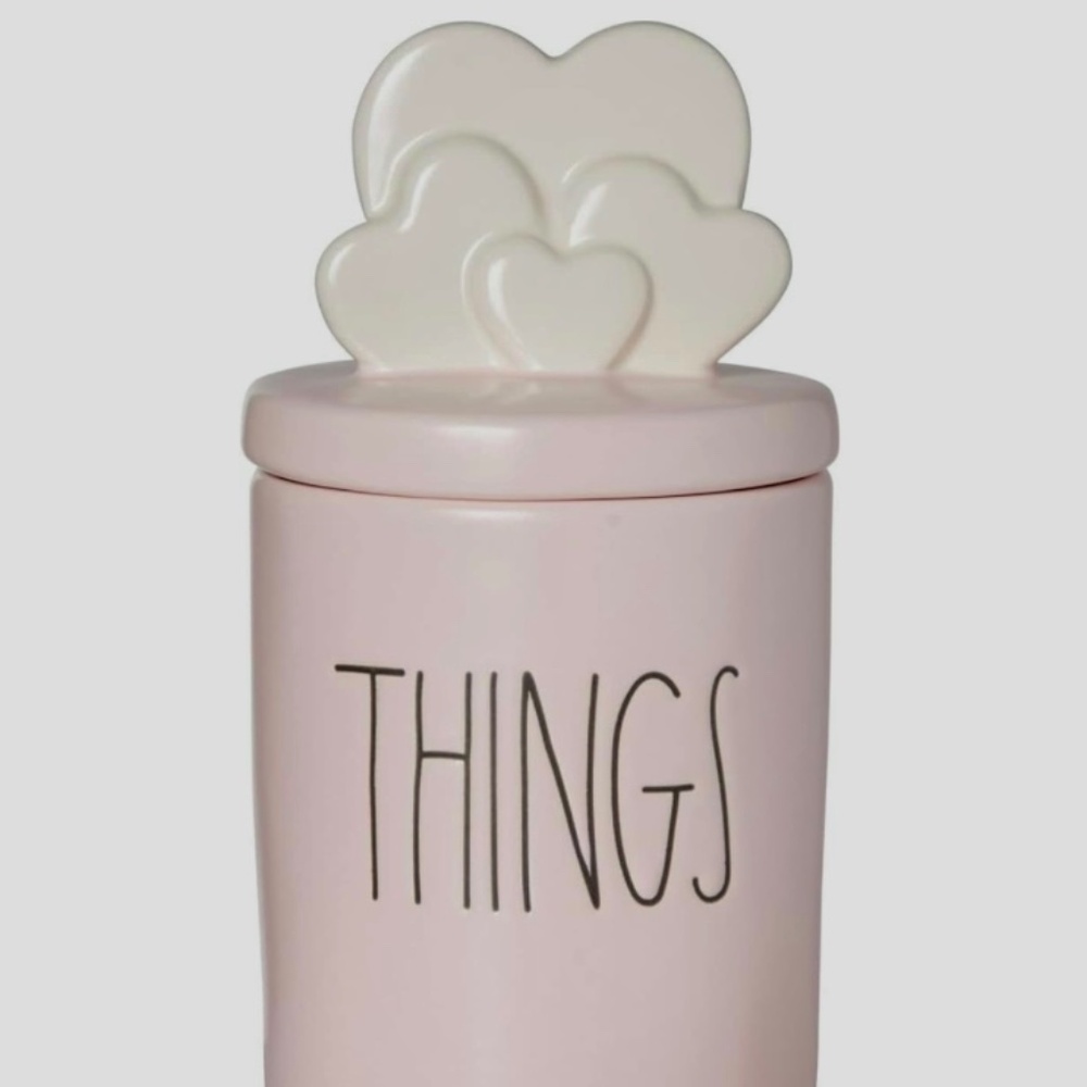 New Rae Dunn Ceramic Canister Pink With White Heart Cluster on Top Says “THINGS”